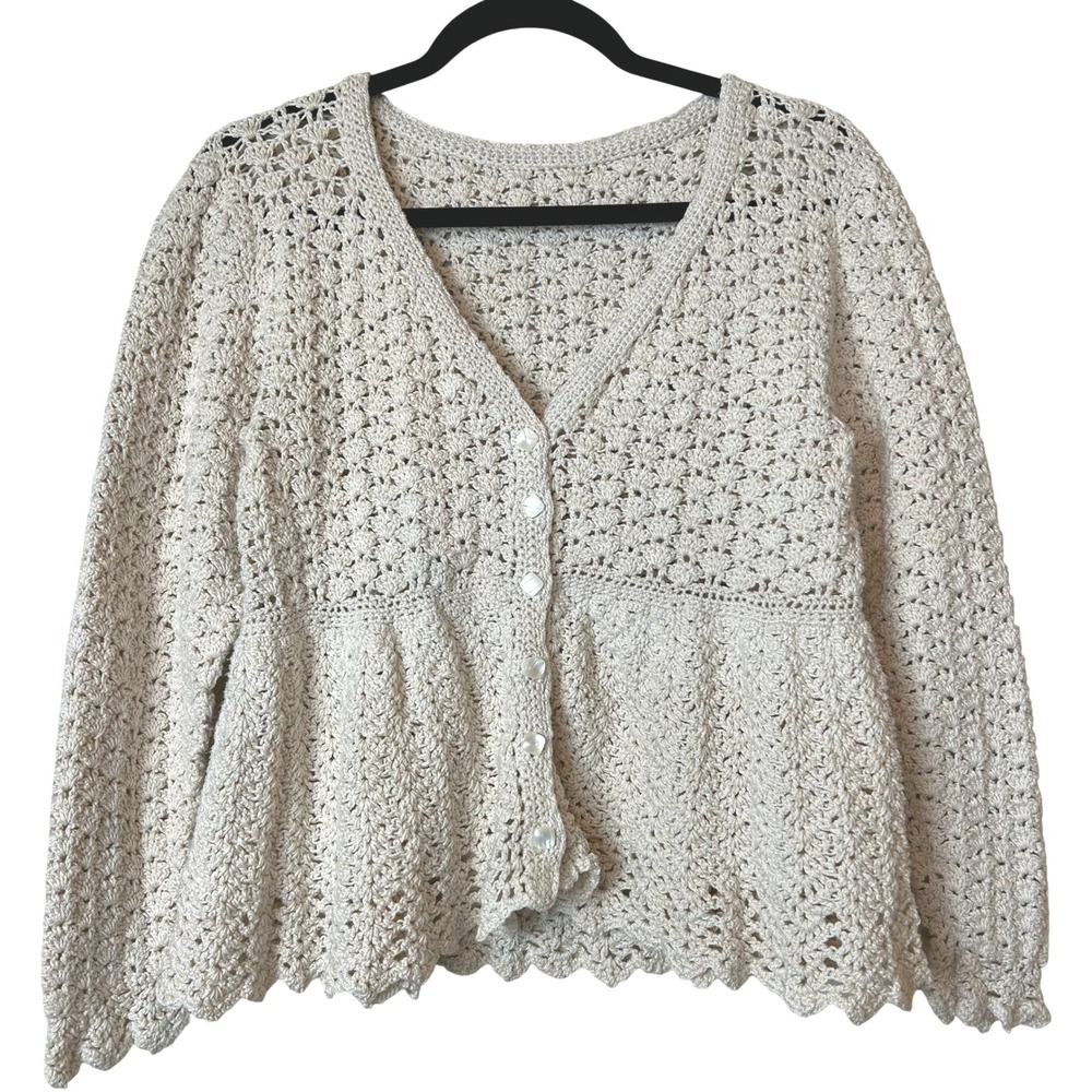 Crochet Peplum Cardigan Sweater V-Neck Shell Stitch Boho Fairy Cottage Cream